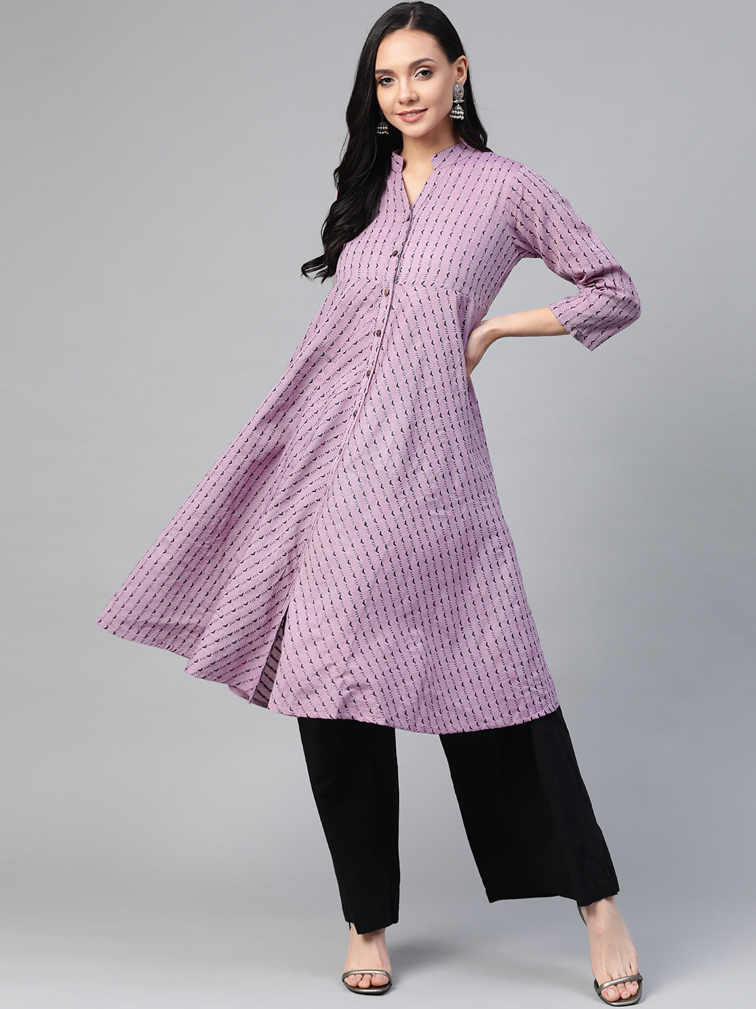 Jompers Women Purple & Black Woven Design Jacquard A-Line Kurta | Grocsy