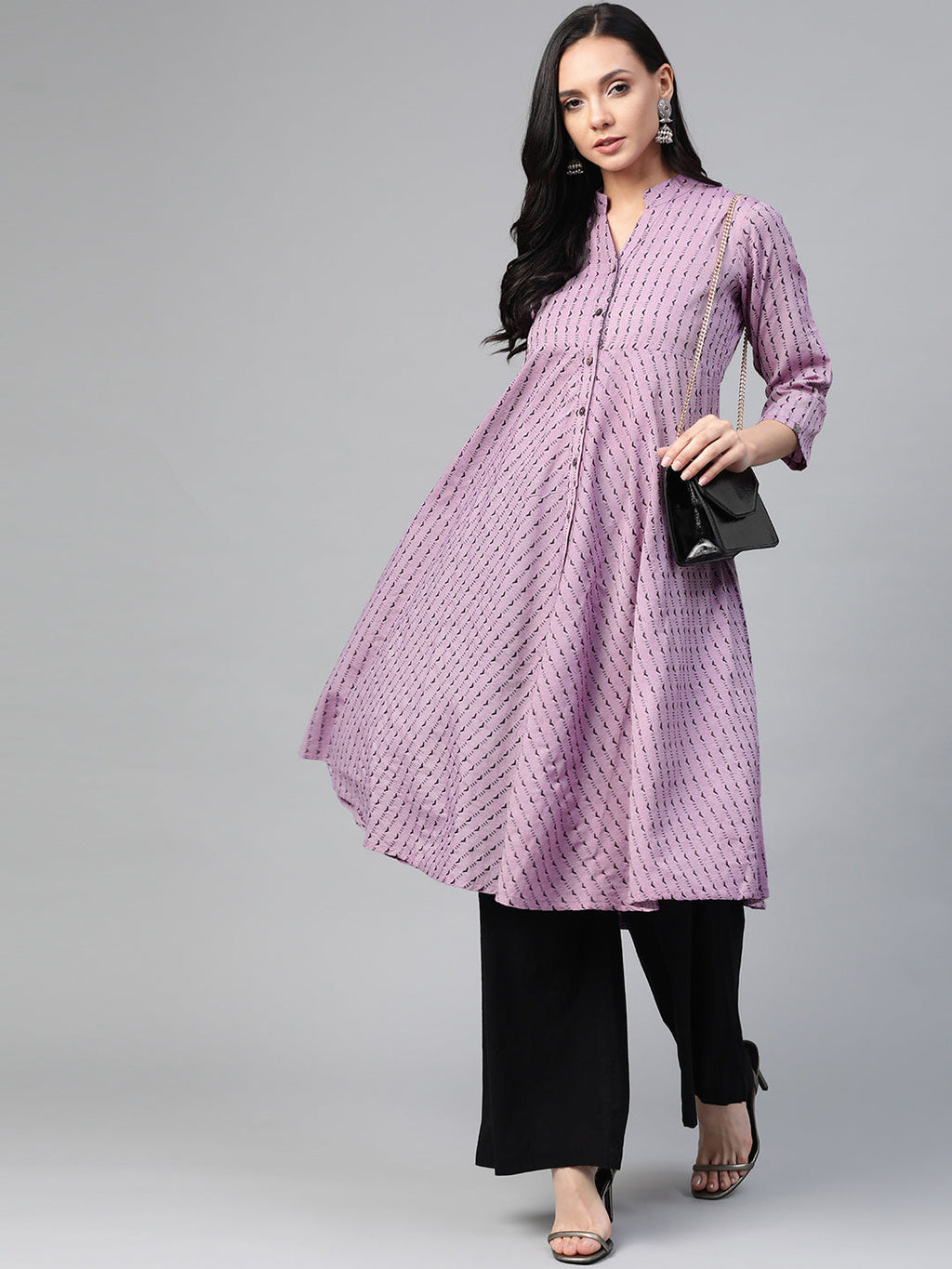 Jompers Women Purple & Black Woven Design Jacquard A-Line Kurta | Grocsy