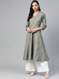 Jompers Women Grey Woven Design Flaired Kurta | Grocsy