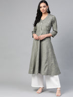 Jompers Women Grey Woven Design Flaired Kurta | Grocsy