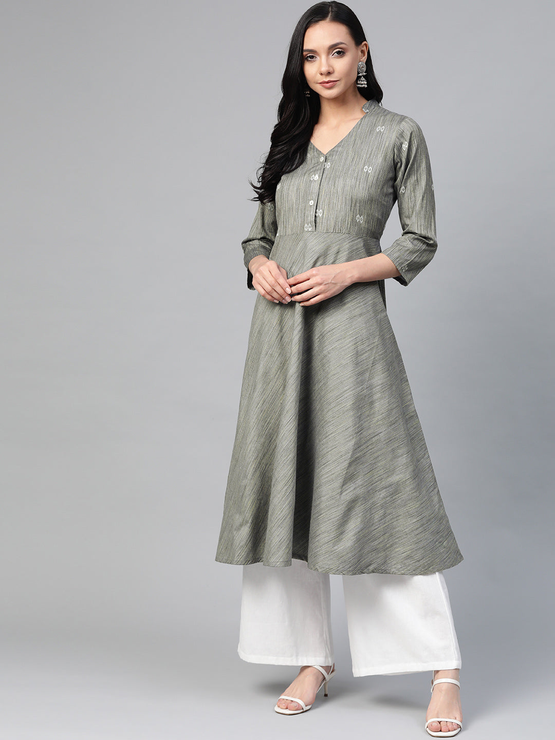 Jompers Women Grey Woven Design Flaired Kurta | Grocsy