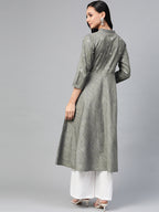 Jompers Women Grey Woven Design Flaired Kurta | Grocsy