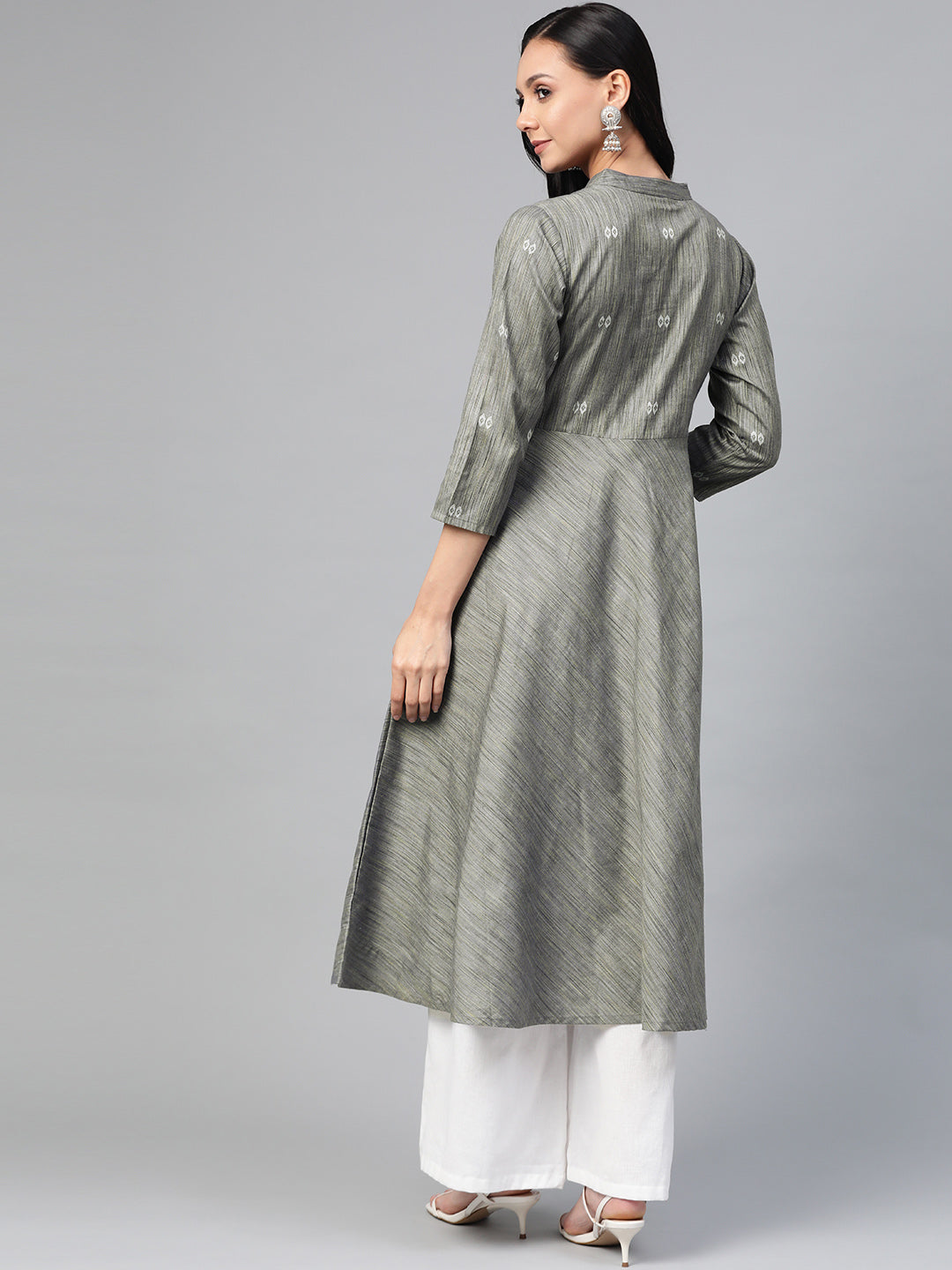 Jompers Women Grey Woven Design Flaired Kurta | Grocsy