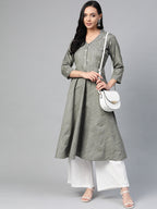 Jompers Women Grey Woven Design Flaired Kurta | Grocsy