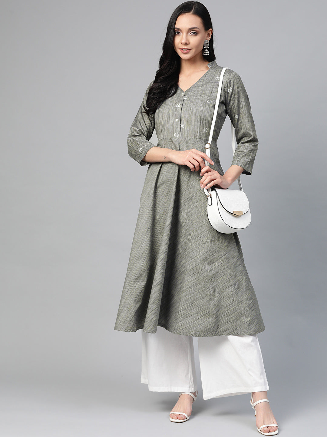 Jompers Women Grey Woven Design Flaired Kurta | Grocsy