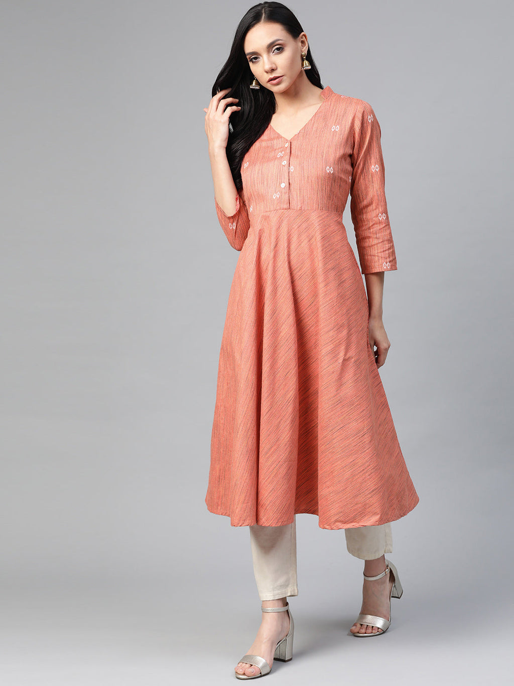 Jompers Women Orange Woven Design Flaired Kurta | Grocsy