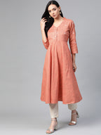 Jompers Women Orange Woven Design Flaired Kurta | Grocsy