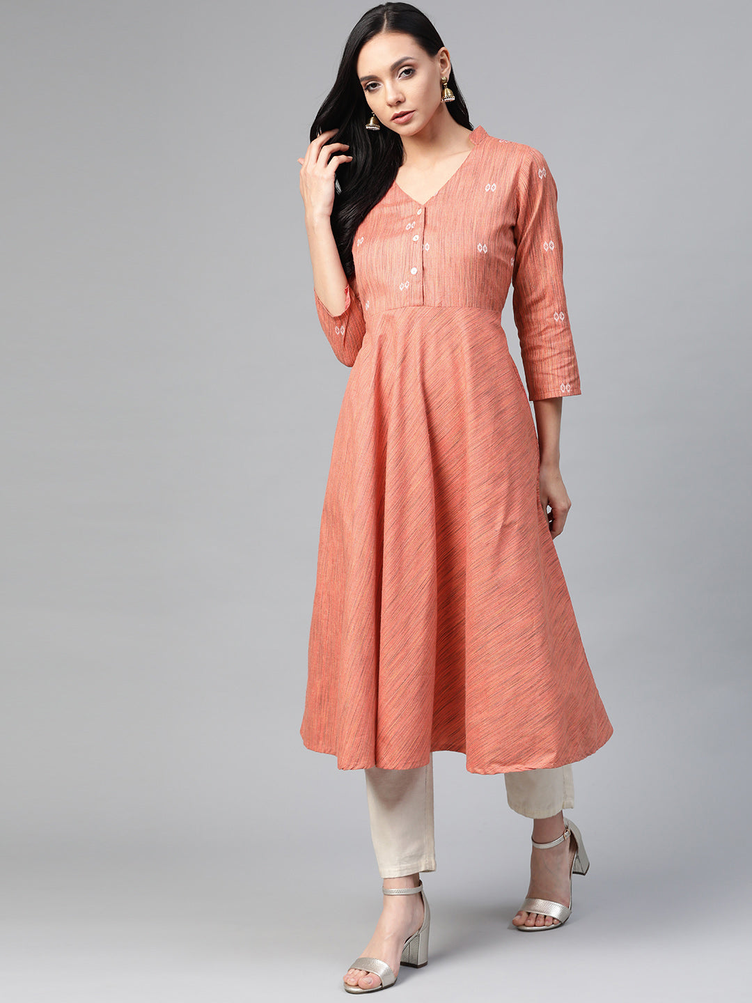 Jompers Women Orange Woven Design Flaired Kurta | Grocsy