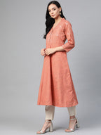 Jompers Women Orange Woven Design Flaired Kurta | Grocsy