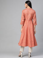 Jompers Women Orange Woven Design Flaired Kurta | Grocsy