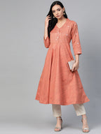 Jompers Women Orange Woven Design Flaired Kurta | Grocsy