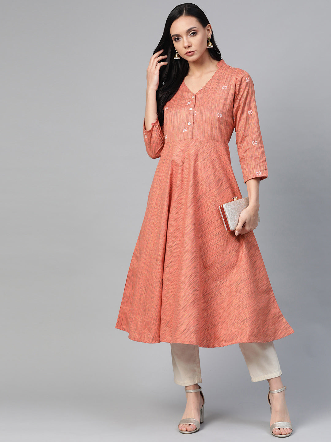 Jompers Women Orange Woven Design Flaired Kurta | Grocsy