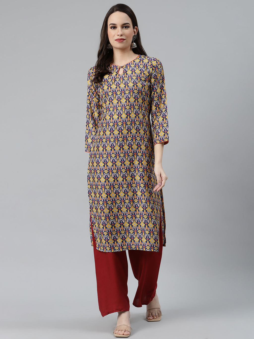 Jompers Women Blue & Yellow Geometric Printed Keyhole Neck Kurta | Grocsy