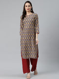 Jompers Women Blue & Yellow Geometric Printed Keyhole Neck Kurta | Grocsy