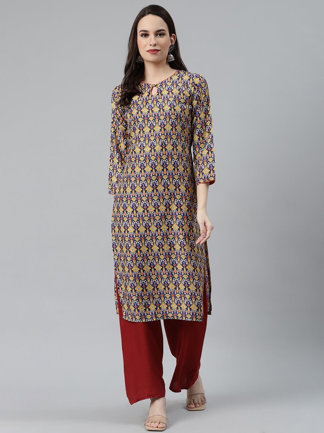 Jompers Women Blue & Yellow Geometric Printed Keyhole Neck Kurta | Grocsy