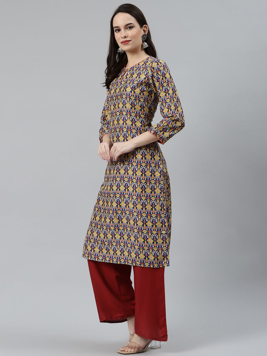 Jompers Women Blue & Yellow Geometric Printed Keyhole Neck Kurta | Grocsy