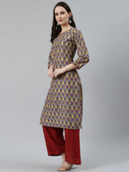 Jompers Women Blue & Yellow Geometric Printed Keyhole Neck Kurta | Grocsy