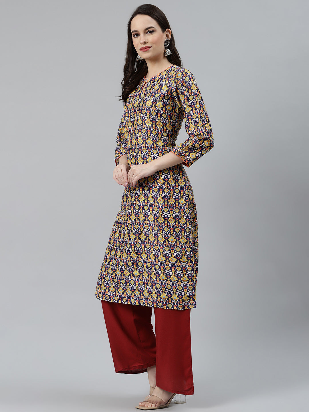 Jompers Women Blue & Yellow Geometric Printed Keyhole Neck Kurta | Grocsy
