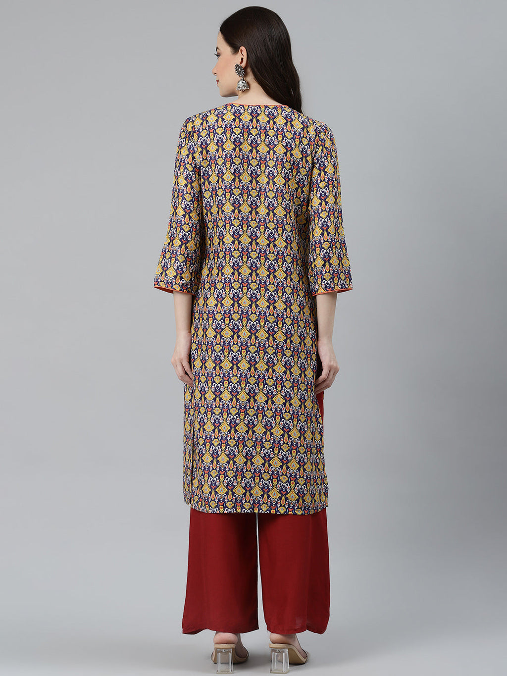 Jompers Women Blue & Yellow Geometric Printed Keyhole Neck Kurta | Grocsy