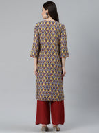 Jompers Women Blue & Yellow Geometric Printed Keyhole Neck Kurta | Grocsy
