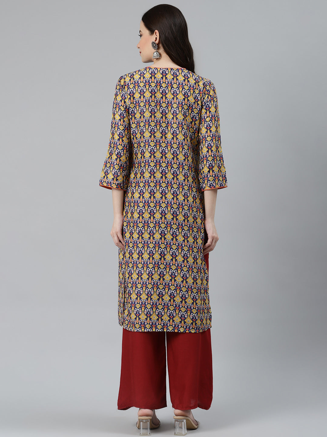 Jompers Women Blue & Yellow Geometric Printed Keyhole Neck Kurta | Grocsy