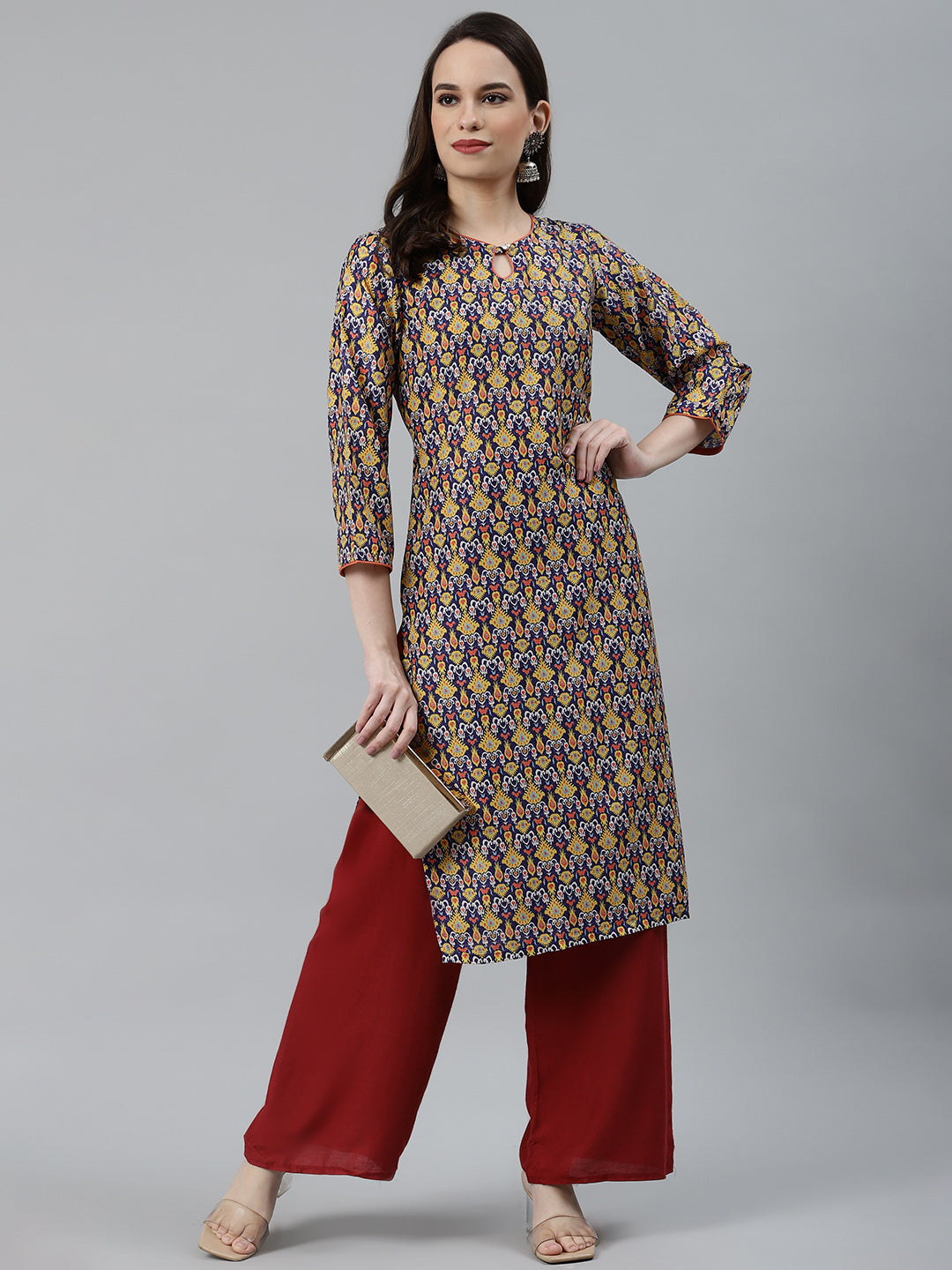 Jompers Women Blue & Yellow Geometric Printed Keyhole Neck Kurta | Grocsy