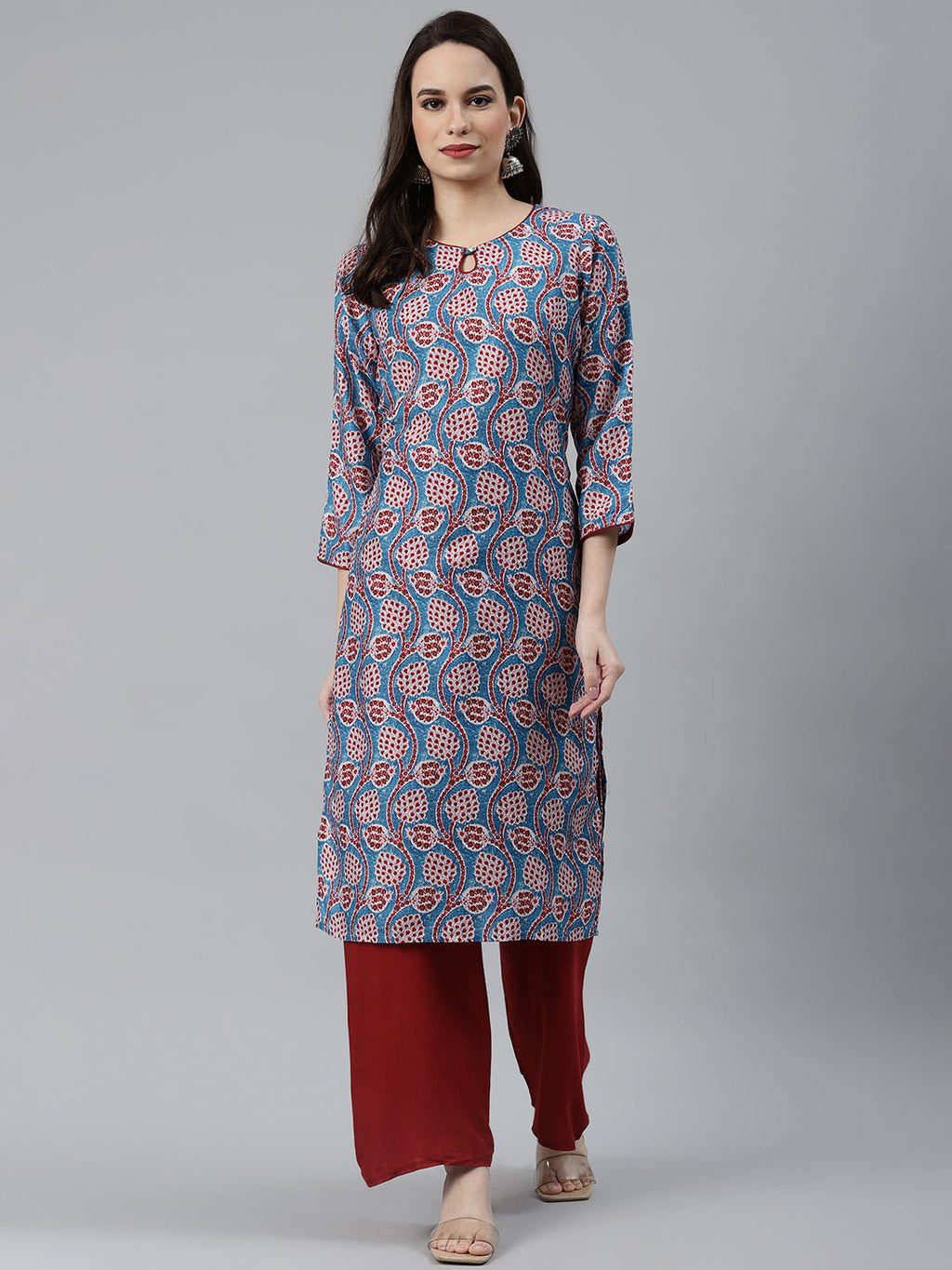 Jompers Women Blue & Red Ethnic Motifs Printed Keyhole Neck Kurta | Grocsy