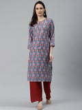 Jompers Women Blue & Red Ethnic Motifs Printed Keyhole Neck Kurta | Grocsy