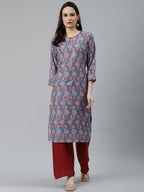 Jompers Women Blue & Red Ethnic Motifs Printed Keyhole Neck Kurta | Grocsy