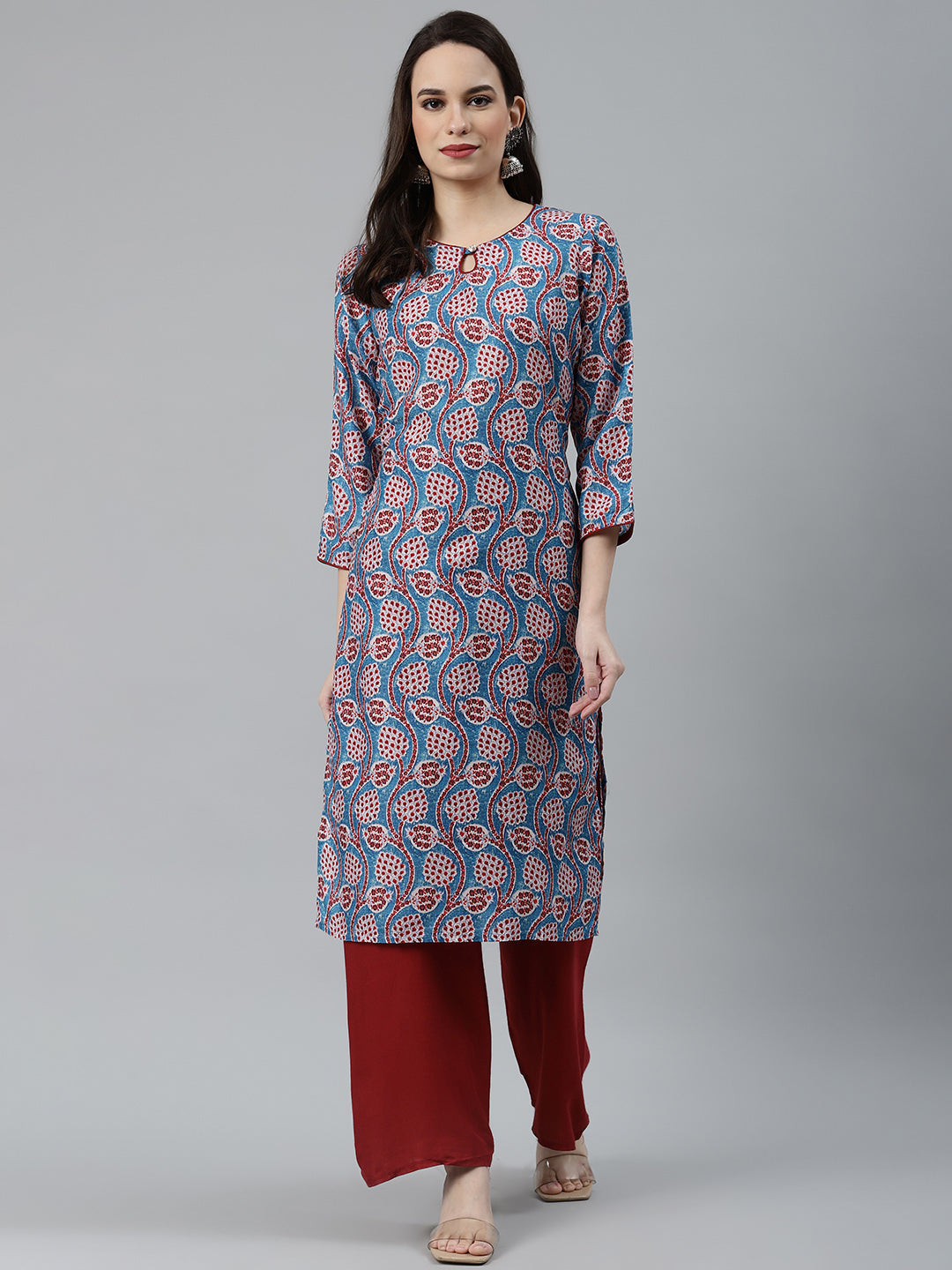 Jompers Women Blue & Red Ethnic Motifs Printed Keyhole Neck Kurta | Grocsy