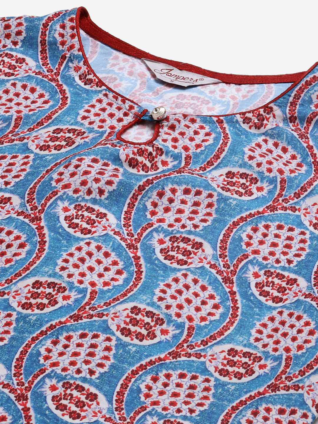 Jompers Women Blue & Red Ethnic Motifs Printed Keyhole Neck Kurta | Grocsy