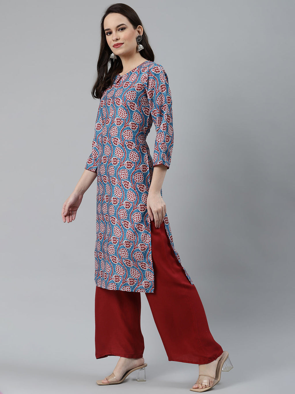 Jompers Women Blue & Red Ethnic Motifs Printed Keyhole Neck Kurta | Grocsy