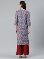 Jompers Women Blue & Red Ethnic Motifs Printed Keyhole Neck Kurta | Grocsy