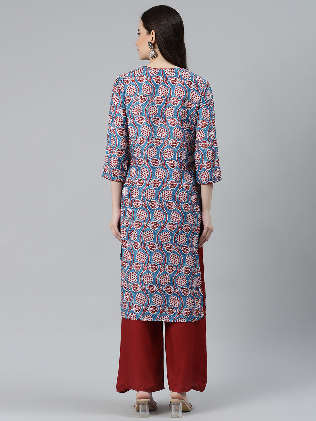 Jompers Women Blue & Red Ethnic Motifs Printed Keyhole Neck Kurta | Grocsy