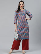Jompers Women Blue & Red Ethnic Motifs Printed Keyhole Neck Kurta | Grocsy
