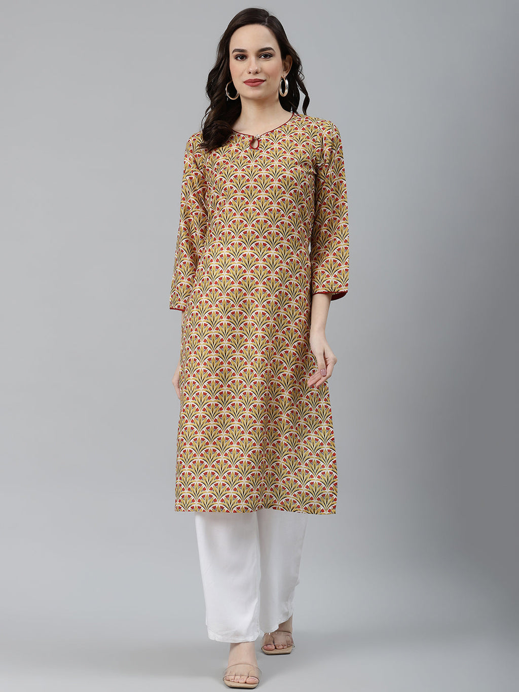 Jompers Women Yellow & Maroon Floral Printed Keyhole Neck Kurta | Grocsy