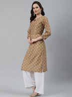 Jompers Women Yellow & Maroon Floral Printed Keyhole Neck Kurta | Grocsy