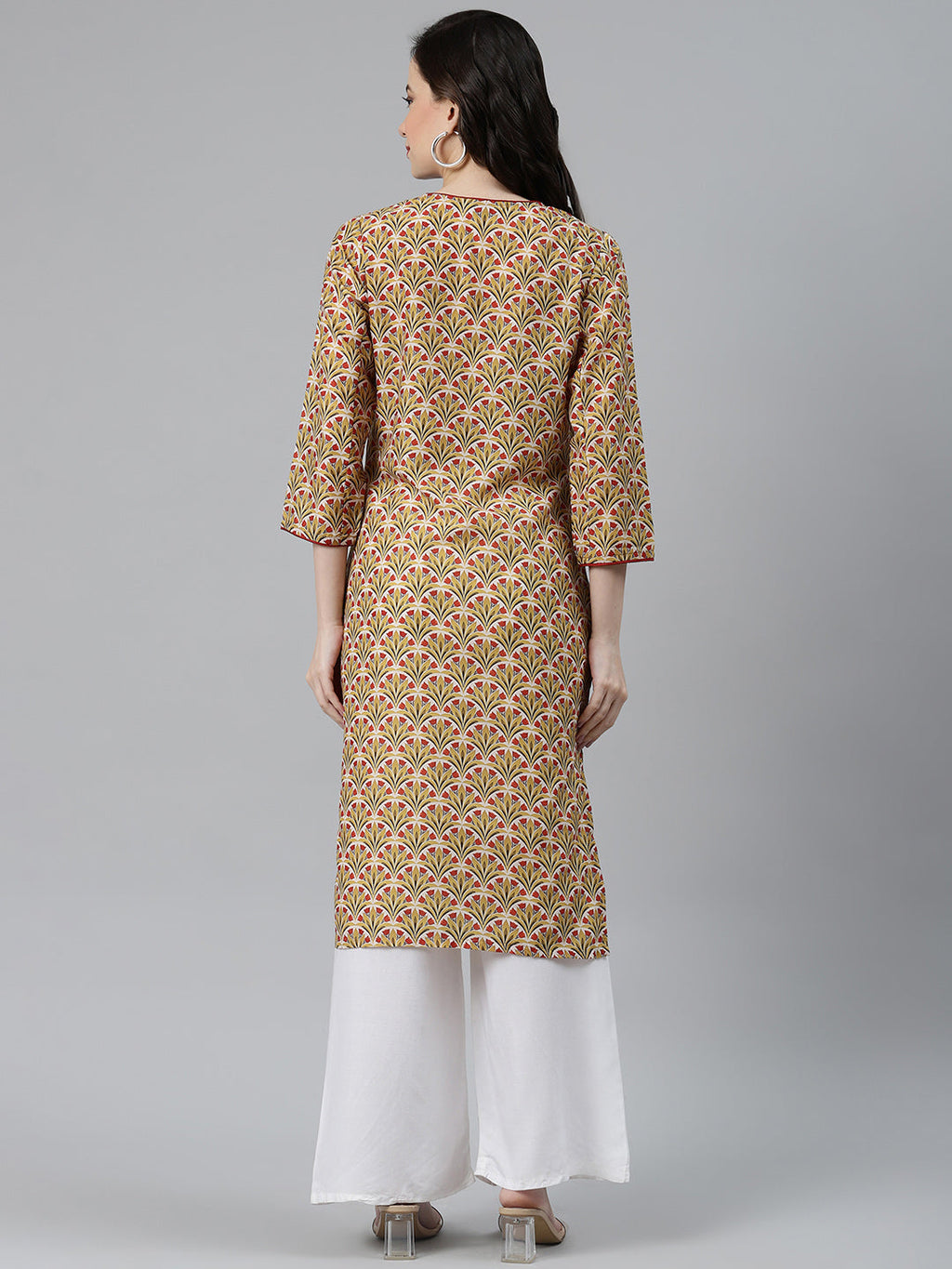 Jompers Women Yellow & Maroon Floral Printed Keyhole Neck Kurta | Grocsy