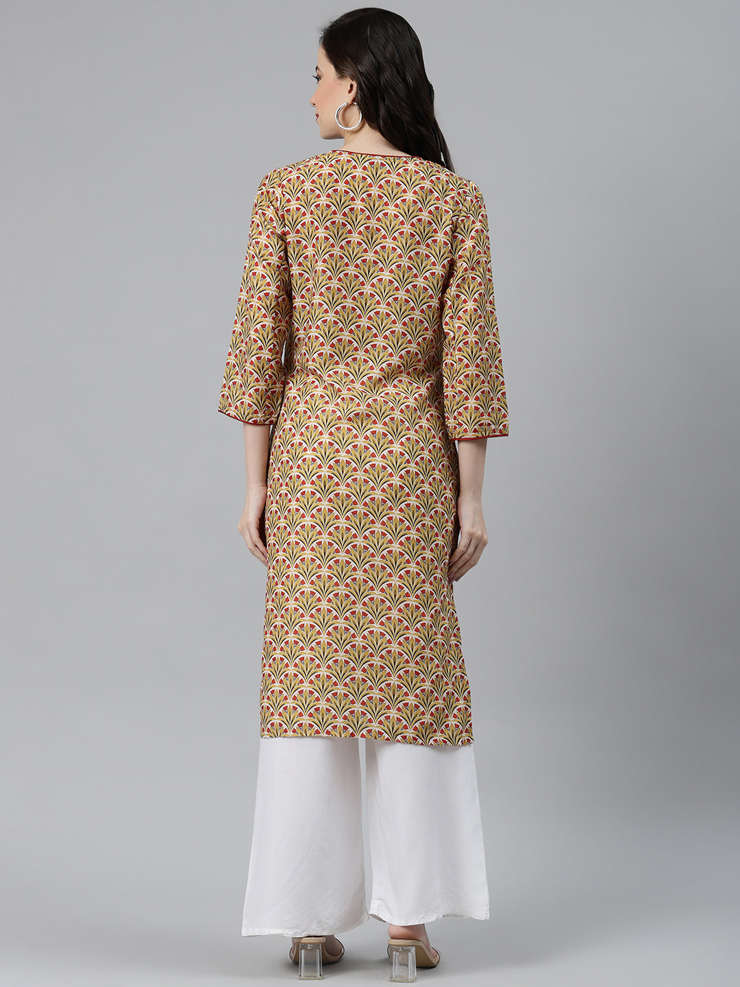 Jompers Women Yellow & Maroon Floral Printed Keyhole Neck Kurta | Grocsy