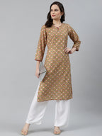 Jompers Women Yellow & Maroon Floral Printed Keyhole Neck Kurta | Grocsy