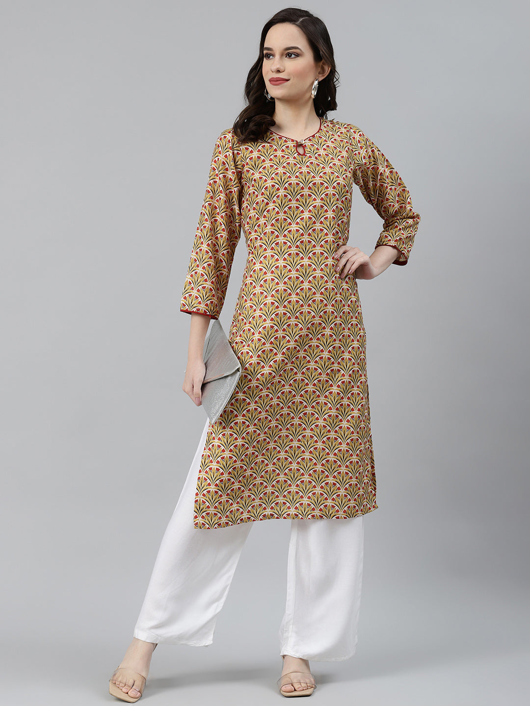 Jompers Women Yellow & Maroon Floral Printed Keyhole Neck Kurta | Grocsy