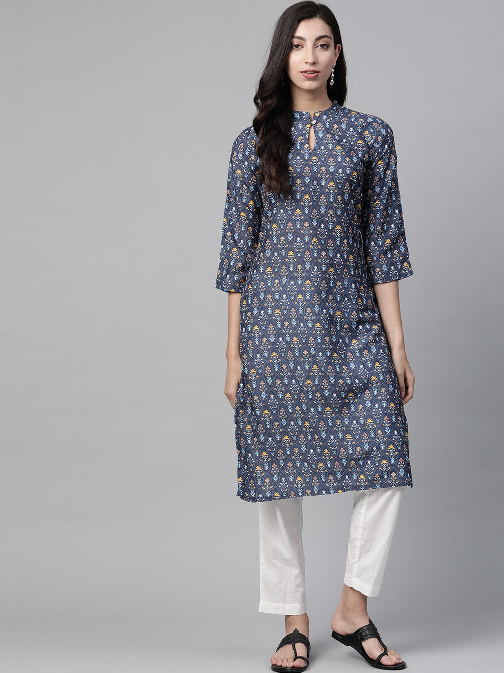 Jompers Women Blue & Yellow Floral Printed Keyhole Neck Floral Kurta | Grocsy