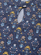 Jompers Women Blue & Yellow Floral Printed Keyhole Neck Floral Kurta | Grocsy