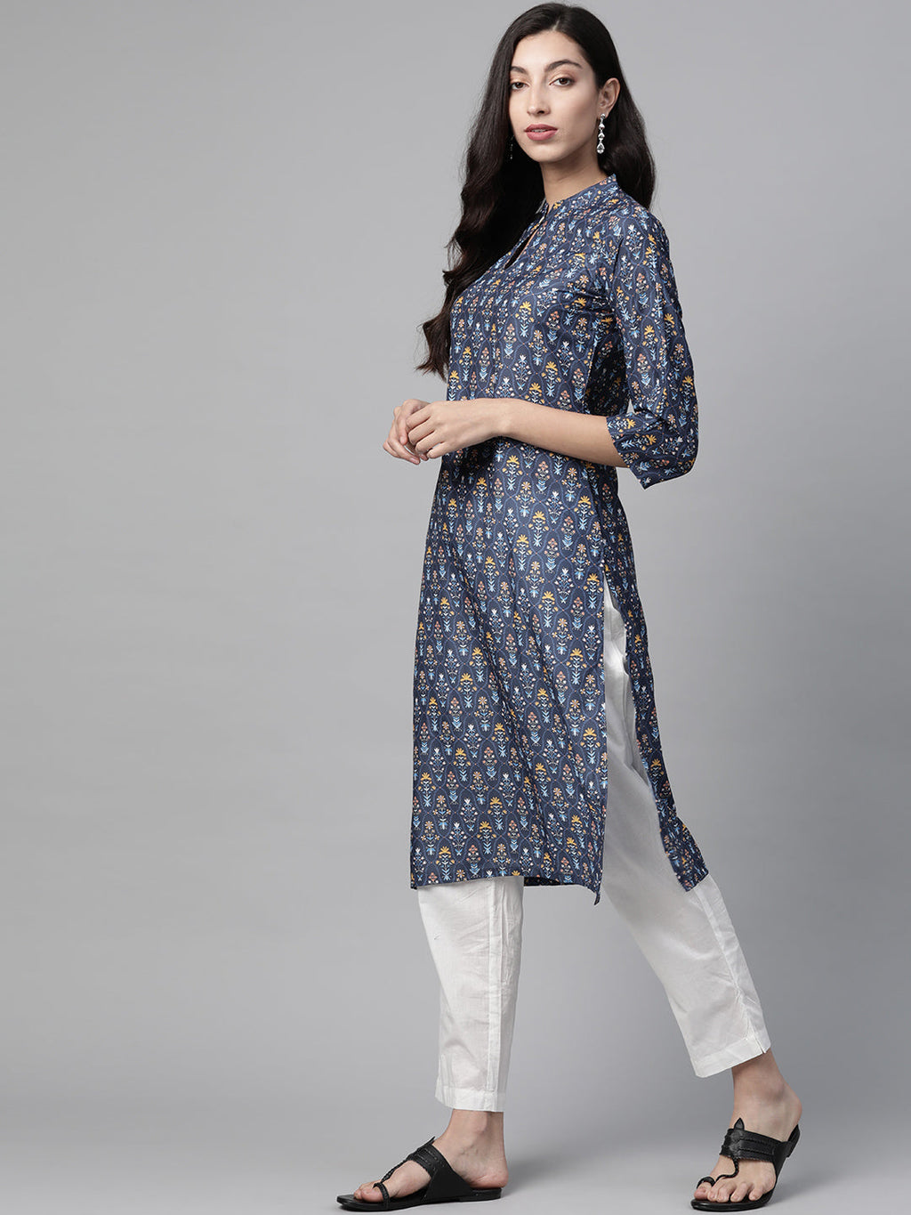 Jompers Women Blue & Yellow Floral Printed Keyhole Neck Floral Kurta | Grocsy