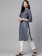 Jompers Women Blue & Yellow Floral Printed Keyhole Neck Floral Kurta | Grocsy