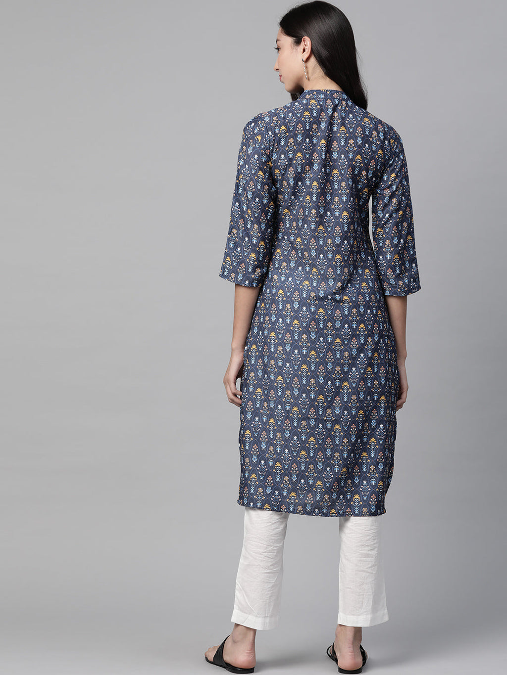 Jompers Women Blue & Yellow Floral Printed Keyhole Neck Floral Kurta | Grocsy