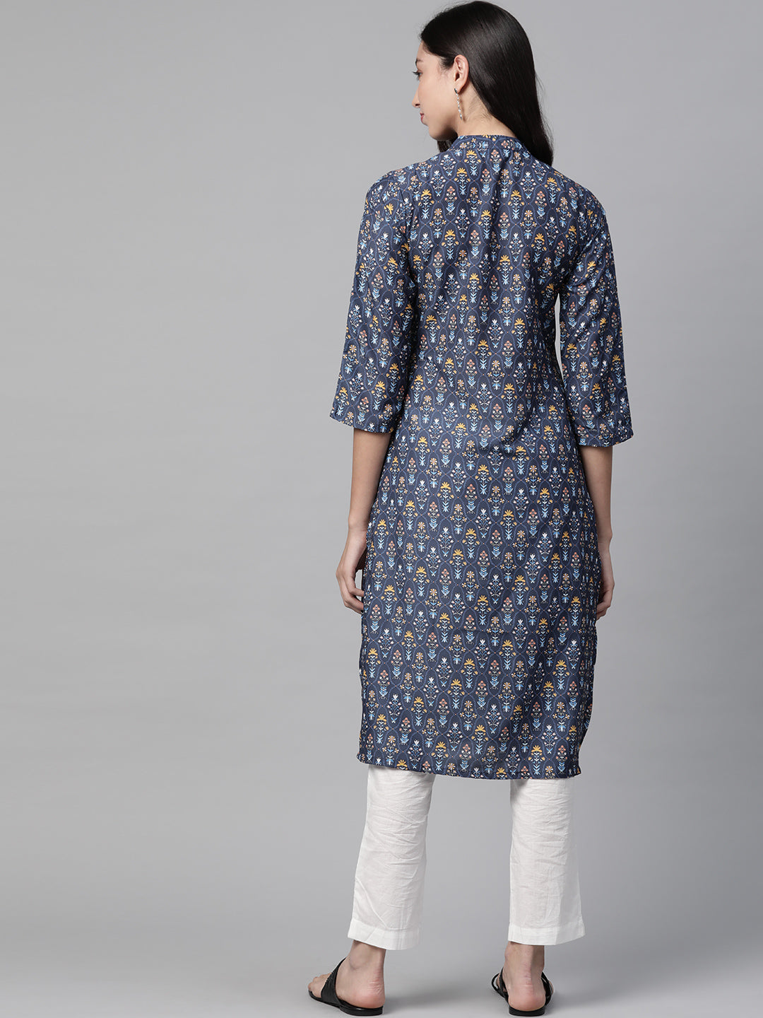 Jompers Women Blue & Yellow Floral Printed Keyhole Neck Floral Kurta | Grocsy