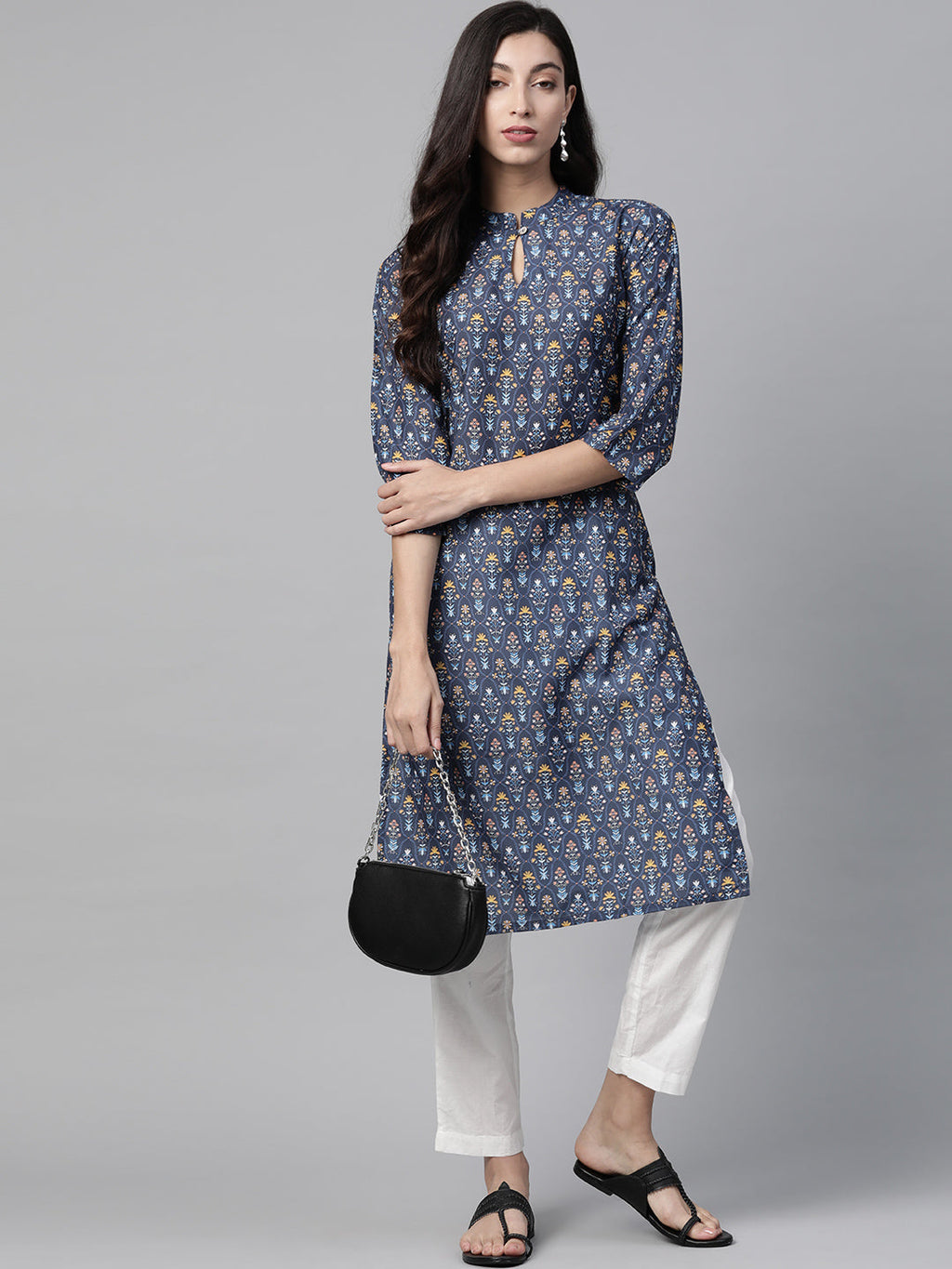 Jompers Women Blue & Yellow Floral Printed Keyhole Neck Floral Kurta | Grocsy