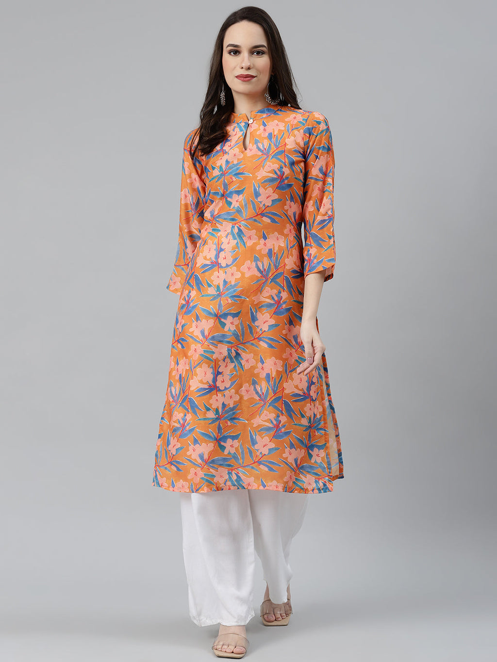 Jompers Women Orange & Blue Floral Printed Keyhole Neck Floral Kurta | Grocsy