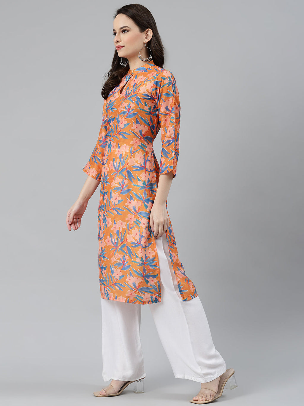 Jompers Women Orange & Blue Floral Printed Keyhole Neck Floral Kurta | Grocsy